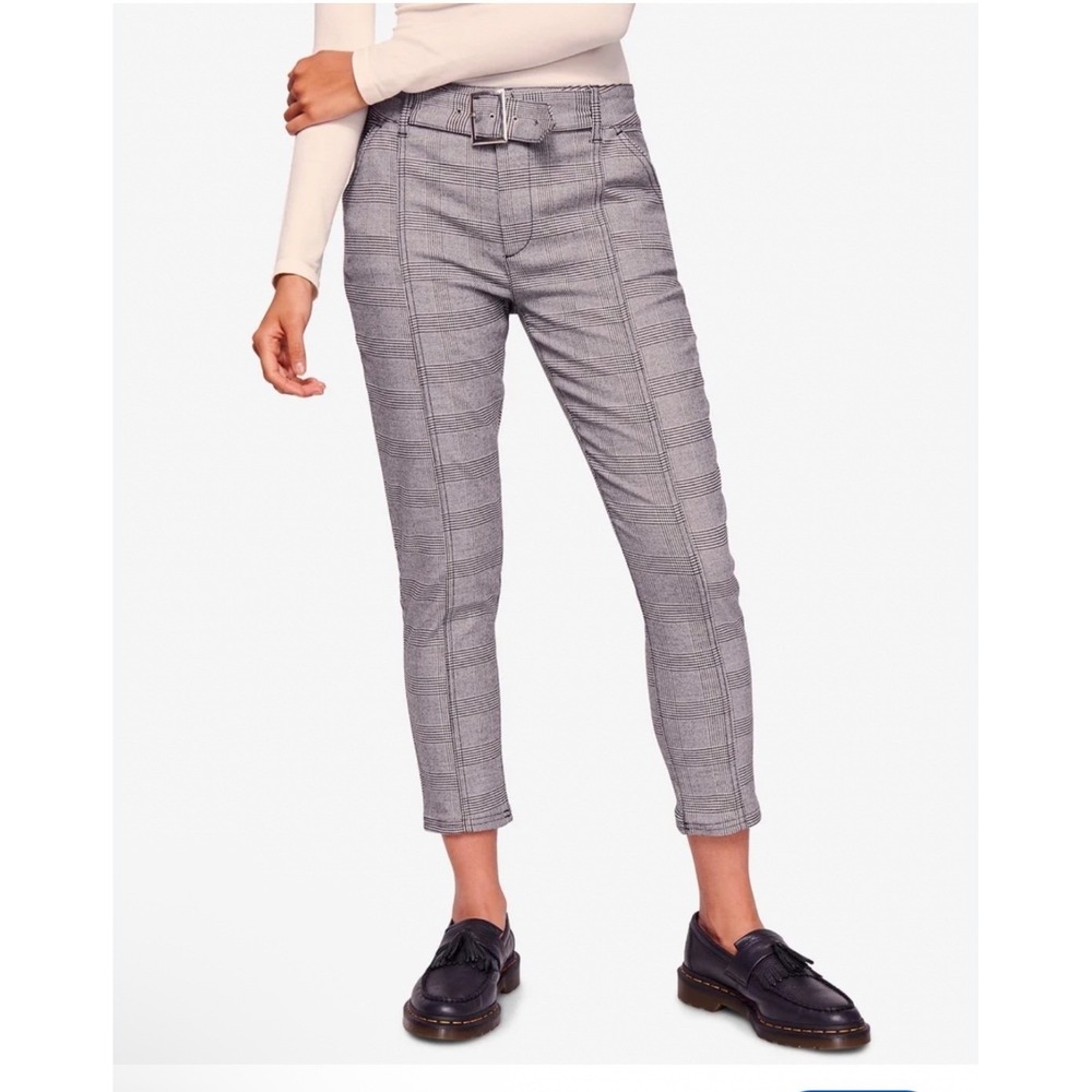 Free People Plaid Belted Skinny Trousers Gray Black Glen Check Size 0